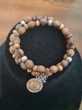 Handmade Brown Wood Bead Bracelet with Accent Charms